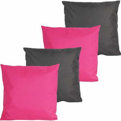Bank/Tuin kussens set - voor binnen/buiten - 4x stuks - fuchsia roze/antraciet grijs - 45 x 45 cm - Sierkussens