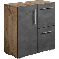 Badplaats Wastafel Onderkast Mars 60 x 30 x 60 cm - Kastanje Eiken met Donker Grijs - Badkamerkast – Staand Wastafelmeubel