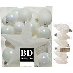 Kerstversiering kunststof kerstballen met piek parelmoer wit 5-6-8 cm pakket van 39x stuks - Kerstbal
