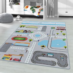 Tapijtenloods Play Vloerkleed Kinderkamer Verkeer Laagpolig Grijs- 160x230 CM