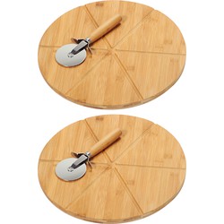 2x Ronde pizza snijplank/serveerplank van bamboe hout 32 cm met pizzames - Serveerplanken