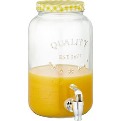Glazen drankdispenser/limonadetap met geel/wit geblokte dop 3,5 liter - Drankdispensers