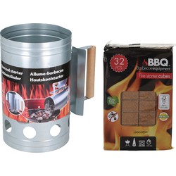 BBQ briketten/houtskool starter met houten handvat 27 cm met 32x BBQ aanmaakblokjes - Brikettenstarters