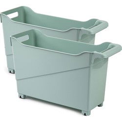 Set van 2x stuks kunststof trolleys pastel groen op wieltjes L45 x B17 x H29 cm - Opberg trolley