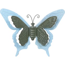 Mega Collections tuin/schutting decoratie vlinder - metaal - blauw - 24 x 18 cm - Tuinbeelden