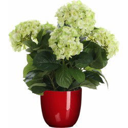 Hortensia kunstplant/kunstbloemen 45 cm - groen - in pot rood glans - Kunstplanten