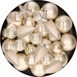 Kerstversiering kunststof kerstballen parel/champagne 6-8-10 cm pakket van 62x stuks - Kerstbal