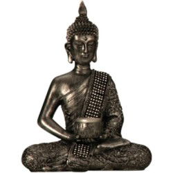 Boeddha beeldje met kaarshouder - zilver - 26 x 20 cm - Beeldjes