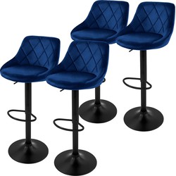 Set van 2 barkrukken 2x blauw fluwelen bekleding met rugleuning en voetensteun in hoogte verstelbaar 62-82cm ML-Design