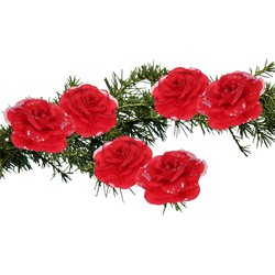 6x stuks decoratie bloemen rozen rood op clip 9 cm - Kunstbloemen