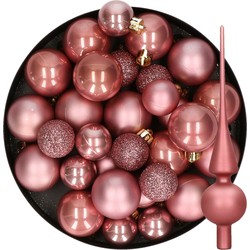 Kerstversiering kunststof kerstballen met piek oud roze 6-8-10 cm pakket van 42x stuks - Kerstbal