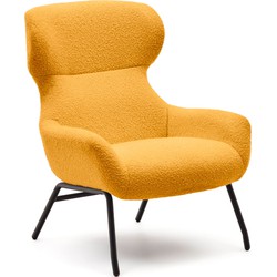 Kave Home - Belina-fauteuil van mosterkleurige schapenvacht en zwarte staal.