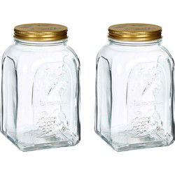 Pasabahce Voorraadpot/bewaarpot Square - 2x - glas - 1,5L - transparant/goud - D10 x H19 cm - voedsel bewaren - Voorraadpot