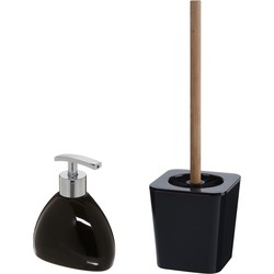 WC-/toiletborstel en houder kunststof zwart - met zeeppompje 300 ml - Badkameraccessoireset