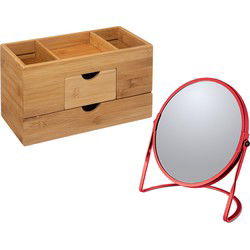 5Five Make-up organizer en spiegel set - lades/vakjes - bamboe/metaal - 5x zoom spiegel - Make-up dozen
