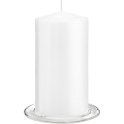 Trend Candles - Stompkaarsen met glazen onderzetters set van 2x stuks - helder wit 8 x 15 cm - Stompkaarsen