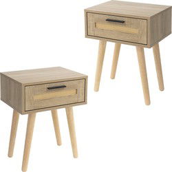 Nachtkastje set van 2 40x50,5x30 cm eiken bijzettafel met rotan front & massief houten poten ML design