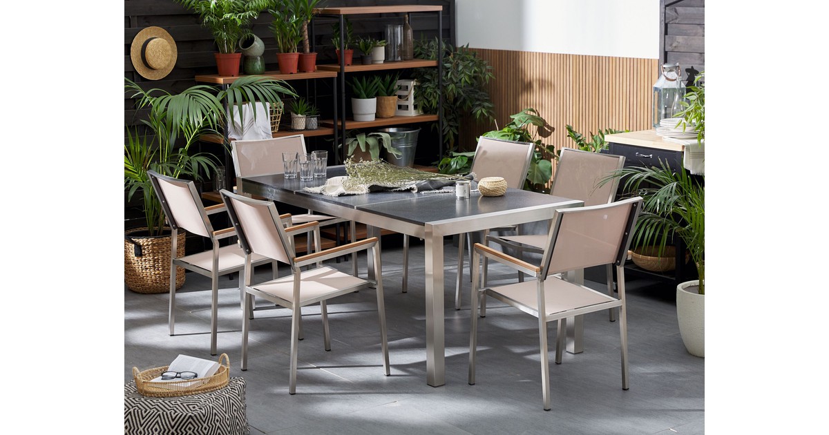 Tuinset granieten tafelblad 180x90 cm, 6 stoelen beige GROSSETO