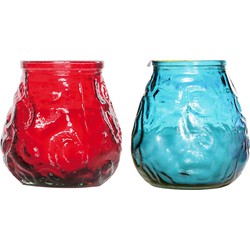 Lowboy tafel kaarsen setje van 4x stuks 7 cm in blauw/rood - Waxinelichtjes