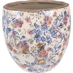 Clayre & Eef Bloempot  Ø 13x11 cm Blauw Beige Keramiek Rond Bloemen Bloempot binnen