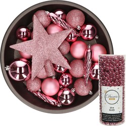 Decoris kerstversiering pakket 34x stuks kunststof roze - Kerstbal