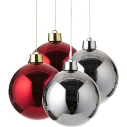 Kerstversieringen set van 4x grote kunststof kerstballen rood en zilver 20 cm glans - Kerstbal