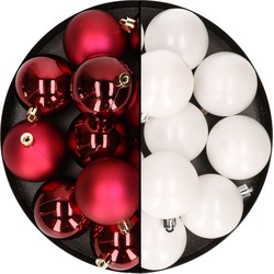 24x stuks kunststof kerstballen mix van donkerrood en wit 6 cm - Kerstbal