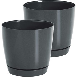 Set van 2x stuks plantenpotten/bloempotten kunststof glanzend antraciet grijs dia 24 x hoogte 22 cm - Plantenpotten