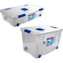 2x Opbergboxen/opbergdozen met deksel en wieltjes 31 en 55 liter kunststof transparant/blauw - Opbergbox