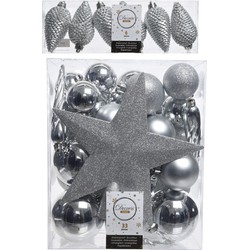 Kerstversiering kunststof kerstballen met piek zilver 5-6-8 cm pakket van 39x stuks - Kerstbal