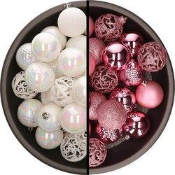 Kunststof kerstballen 74x stuks parelmoer wit en roze 6 cm - Kerstbal