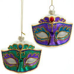 Ornament glas paars groen masker l7.5cm
