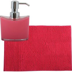 MSV badkamer droogloop mat/tapijtje - 40 x 60 cm - en zelfde kleur zeeppompje 260 ml - fuchsia roze - Badmatjes