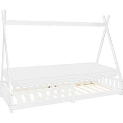 Kinderbed Tipi 90x200 cm wit gemaakt van dennenhout incl. matras H-10cm uitvalbescherming en lattenbodem ML-Design