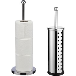 WC-/toiletborstel in houder 39 cm met wc-rollen houder - rvs zilver - Badkameraccessoireset