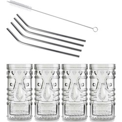 4x Cocktailglazen / Mai Tai glazen transparant 490 ml met RVS rietjes - Cocktailglazen