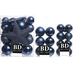 55x stuks kunststof kerstballen met ster piek donkerblauw mix - Kerstbal