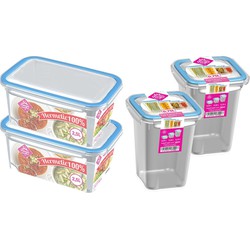 4x Voedsel plastic bewaarbakjes 2,5 en 0,75 liter transparant/blauw - Vershoudbakjes