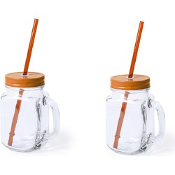 2x stuks Drink potjes van glas Mason Jar oranje deksel 500 ml - Drinkbekers