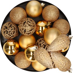 16x stuks kerstballen 6 cm met 6x st dennenappel kersthangers goud kunststof - Kerstbal