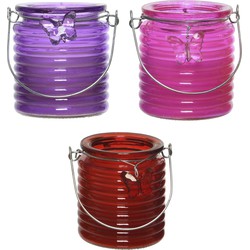 Citronella windlicht met kaars - 3x - paars/roze en rood - 20 branduren - citrusgeur - geurkaarsen