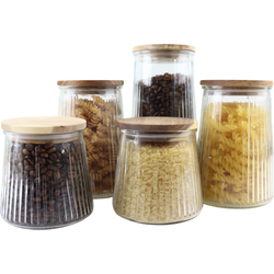 OTIX Voorraadpotten - Glas - met Deksel - Snoeppotten - Set van 5 - Voedselopbergers - Koffiepads Bewaarbus - Acacia Wood - Diverse Maten - SIRIUS
