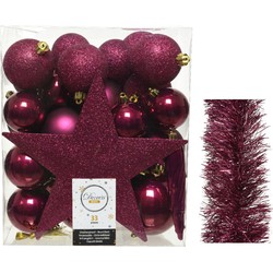 Kerstversiering kerstballen 5-6-8 cm met ster piek en folieslingers pakket framboos roze 35x stuks - Kerstbal