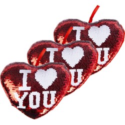 4x stuks sierkussen hartje I Love You rood metallic met draaibare pailletten 20 cm - Sierkussens