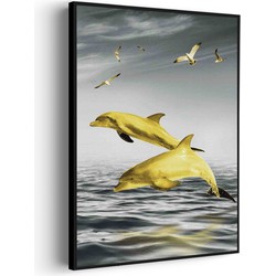 Muurwerken Akoestisch Schilderij - Springende Dolfijnen Goud 01 - Geluidsdempend Wandpaneel - Wanddecoratie - Geluidsisolatie - BASIC (AW 0.65) XL (86X120)