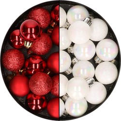 28x stuks kleine kunststof kerstballen rood en parelmoer wit 3 cm - Kerstbal