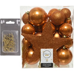 33x stuks kunststof kerstballen 5, 6 en 8 cm cognac bruin inclusief ster piek en kerstbalhaakjes - Kerstbal