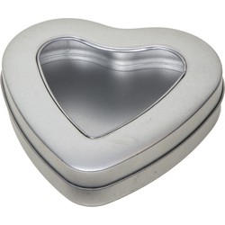Zilver hart bewaarblik/opbergblik 13 cm met doorzichtig venster - Voorraadblikken