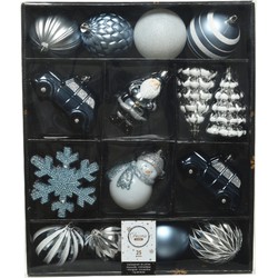 25x Kerstballen en kersthangers figuurtjes lichtblauw/wit kunststof - Kersthangers