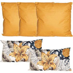 Bank/tuin kussens set - binnen/buiten - 5x stuks - okergeel/tropical summer - In 2 formaten laag/hoog - Sierkussens